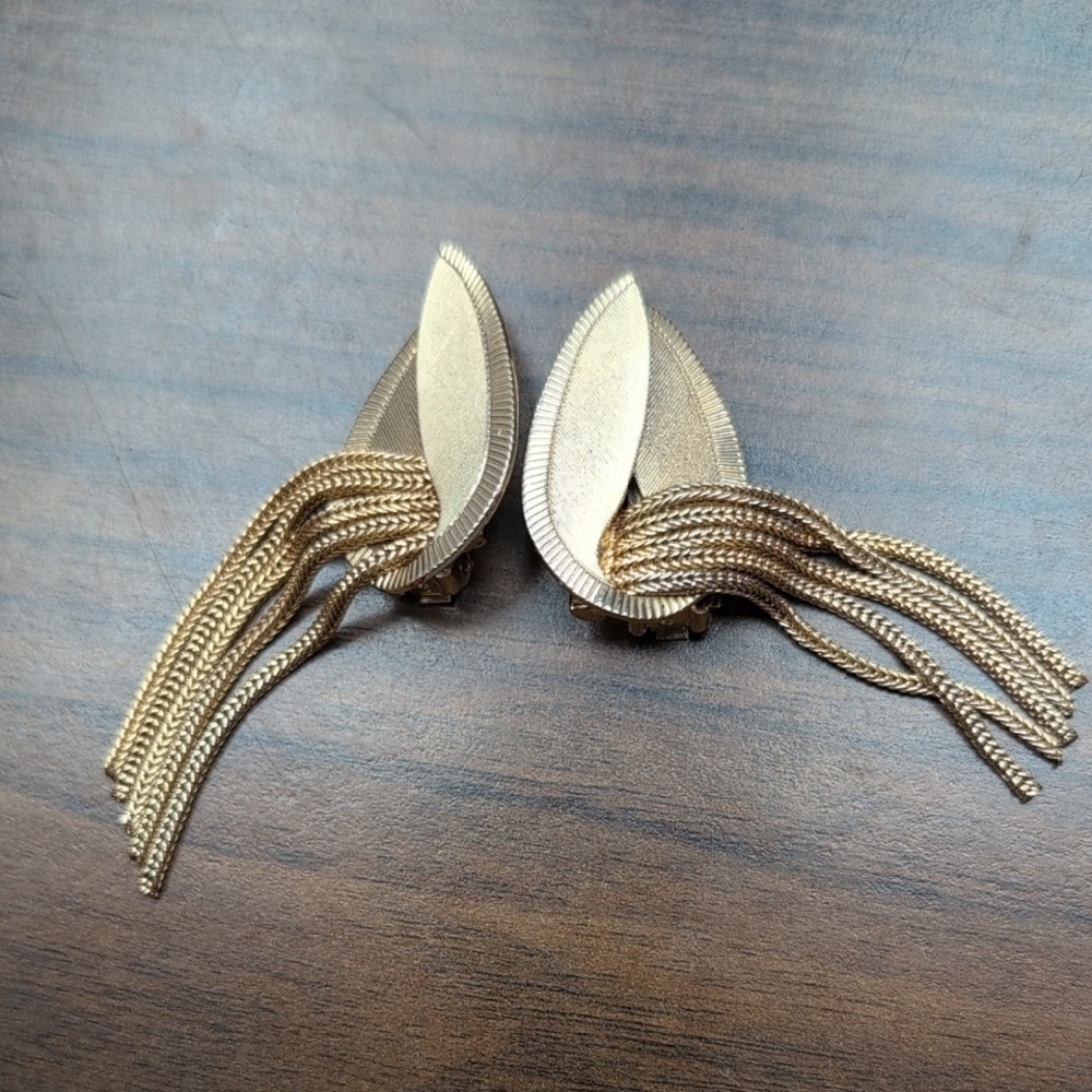 Gold Tone Leaf Tassel Earrings with Cascading Chains